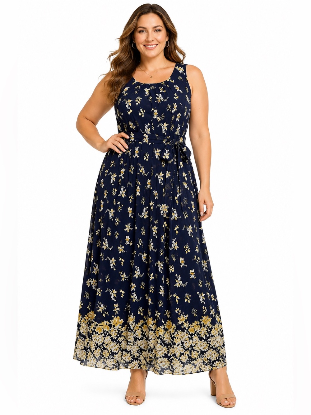 R&K Women’s Sleeveless Floral Belted Maxi Dress Navy Yellow Size 16
